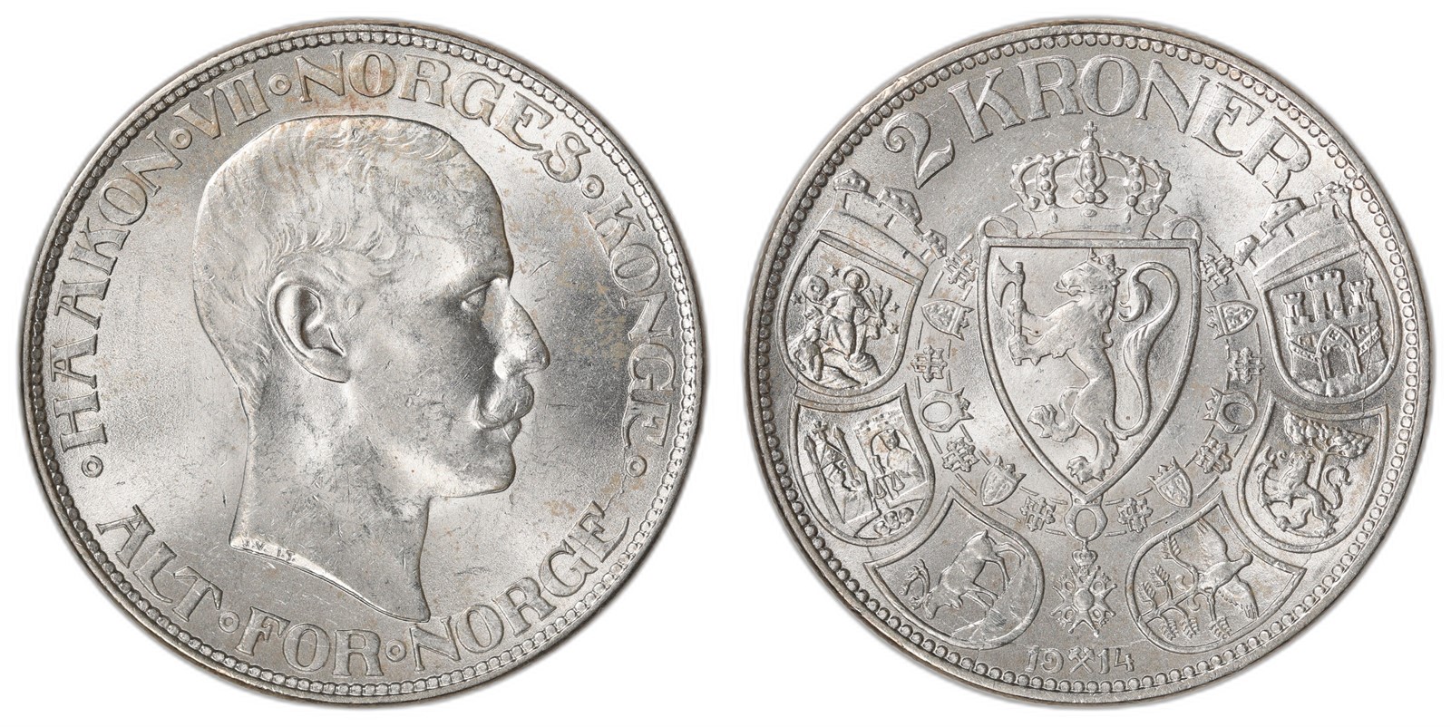 NORWAY. Haakon VII. 2 Kroner 1914. Kv 0 (UNC).