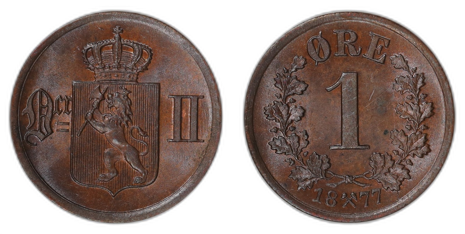 NORWAY. Oscar II. 1 Øre 1877. Kv 0 (UNC).