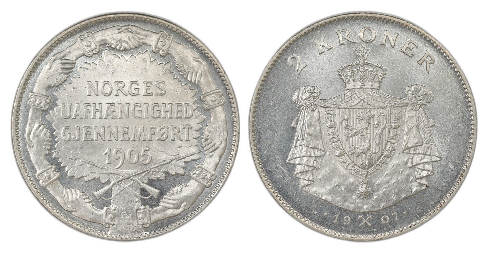 Norway. Haakon VII. 2 Kroner 1907- Borderwatch. Kv 0.