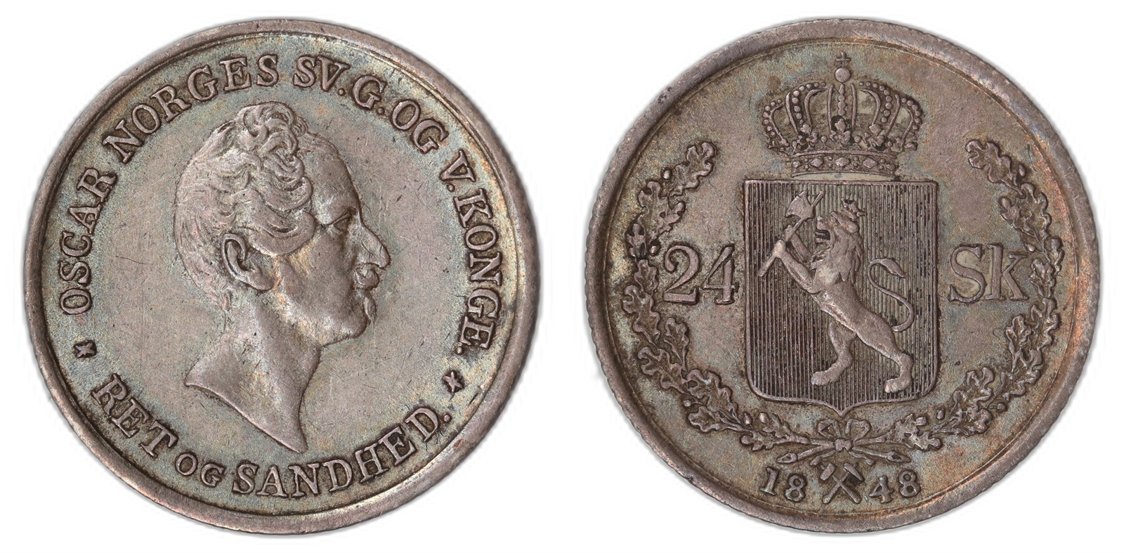 NORWAY. Oscar I. 24 Skilling. 1848. Kv 1+/01 (AU).