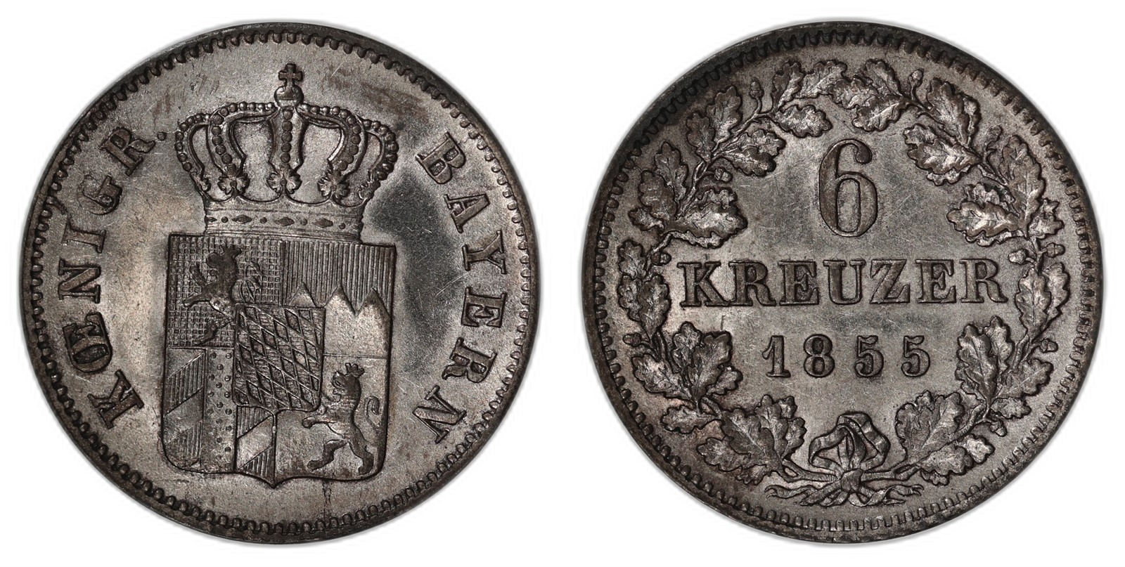 GERMANY, Bavaria. 6 Kreuzer. 1855. AU.