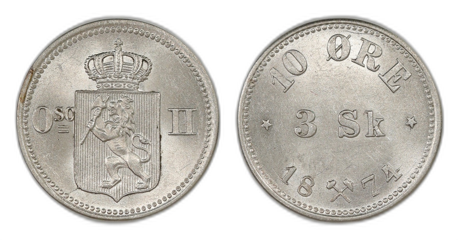 Norway. Oscar II. 10 Øre / 3 Sk 1874. Kv 0/01.