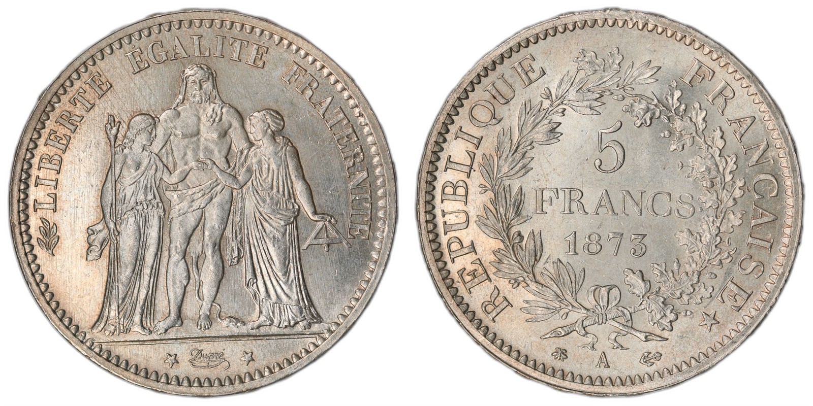 FRANCE. Third Republic. 5 Francs. 1873-A. UNC.