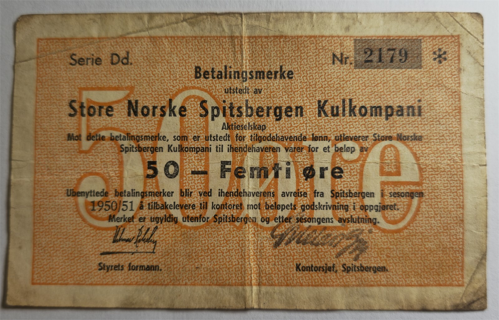 STORE NORSKE SPITSBERGEN KULKOMPANI. 50 Øre 1950/51. Kv 1- (F).