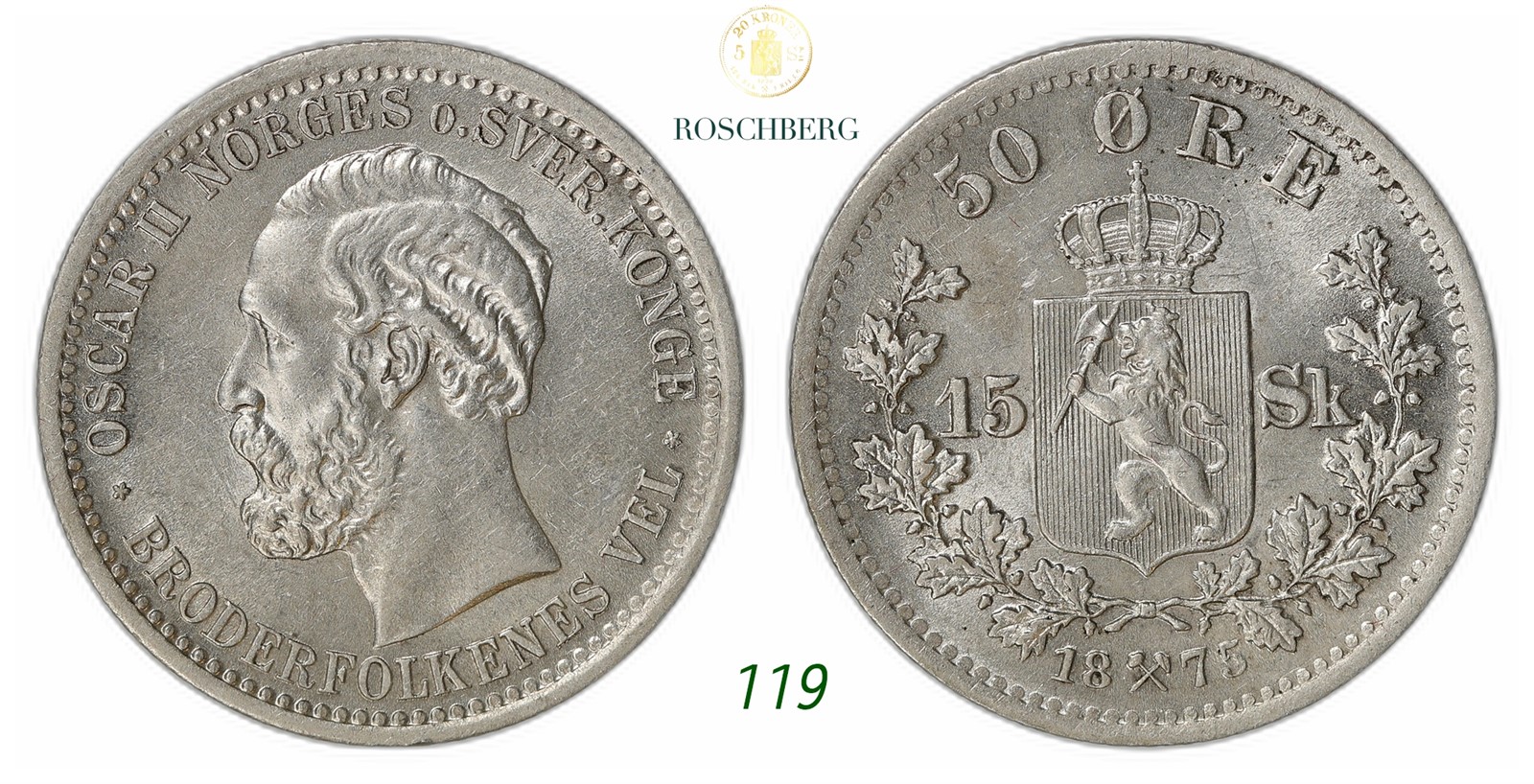 NORWAY. Oscar II. 50 Øre / 15 Sk. 1875.