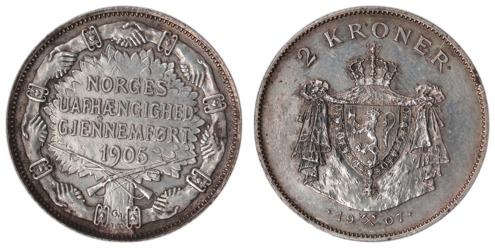 NORWAY. Haakon VII. 2 Kroner. 1907 Borderwatch. Kv 1+/01 (AU).