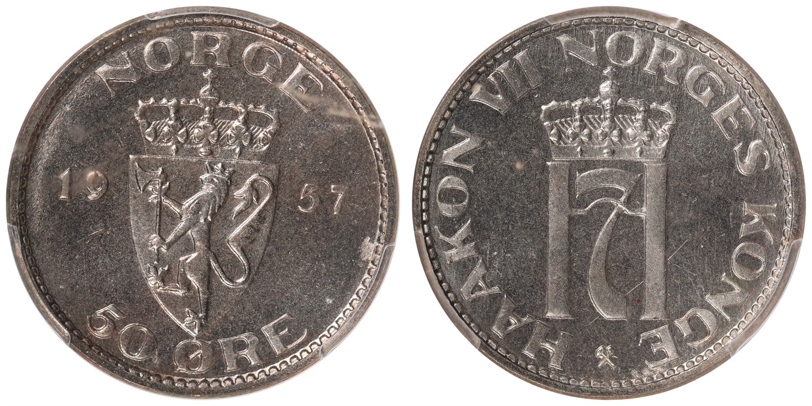 NORWAY. Haakon VII. 50 Øre 1957. PCGS MS66.