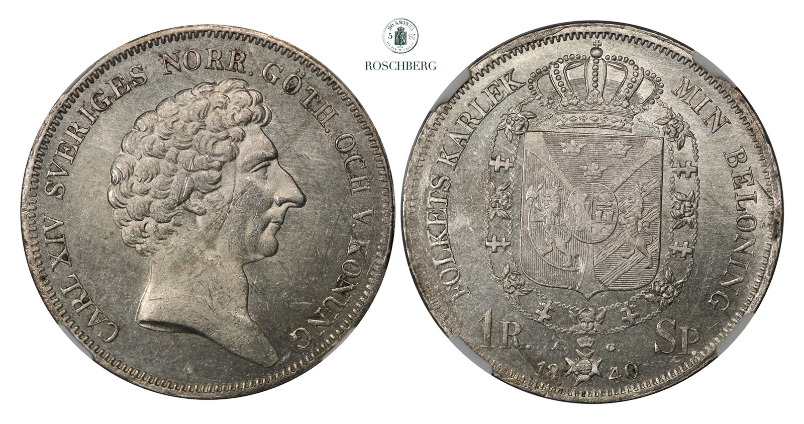 SWEDEN. 1 Riksdaler 1840-AG NGC MS62