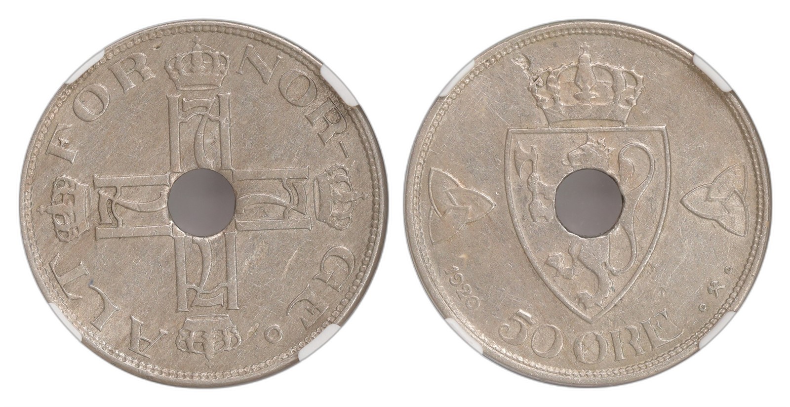 Norway. Haakon VII. 50 Øre 1920- Centre Hole. Kv NGC AU55.
