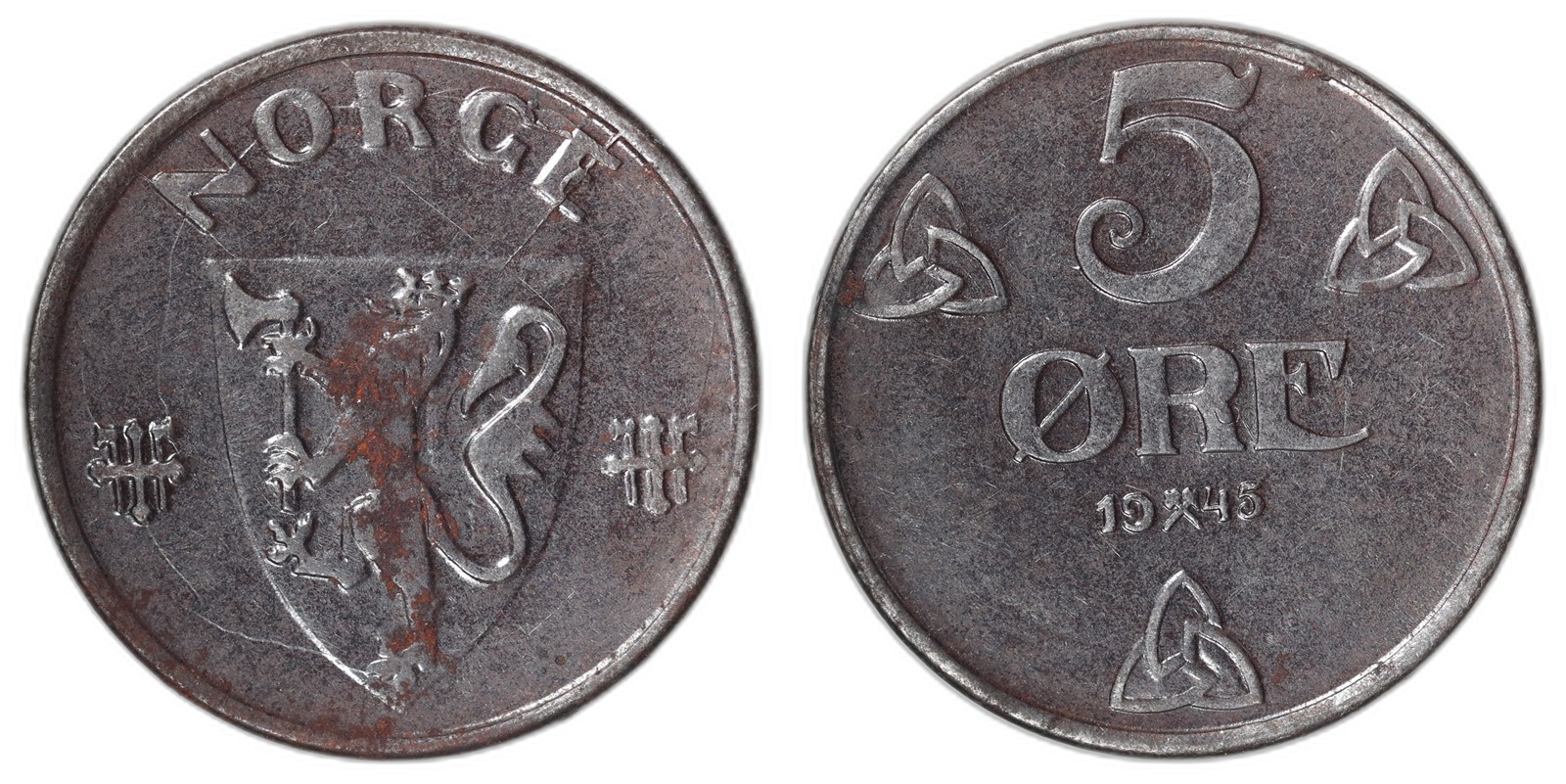 NORWAY. Haakon VII. 5 Øre. 1945. Kv 01 (AU), rust.