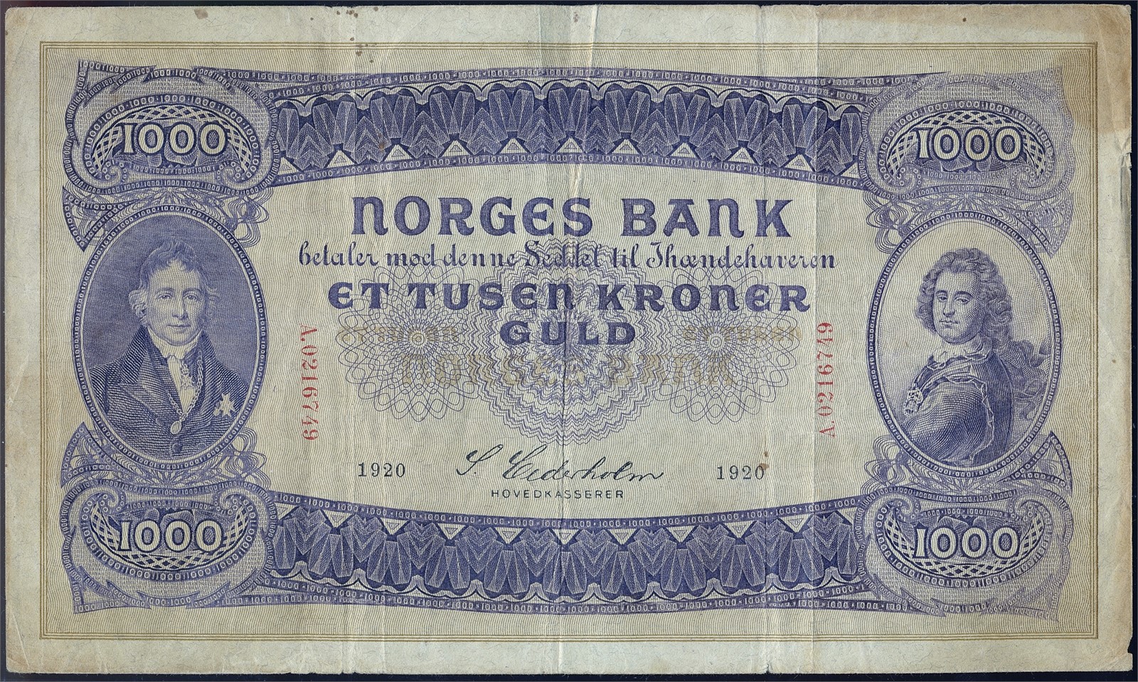 1000 Kroner 1920-A. Kv 1- (F).