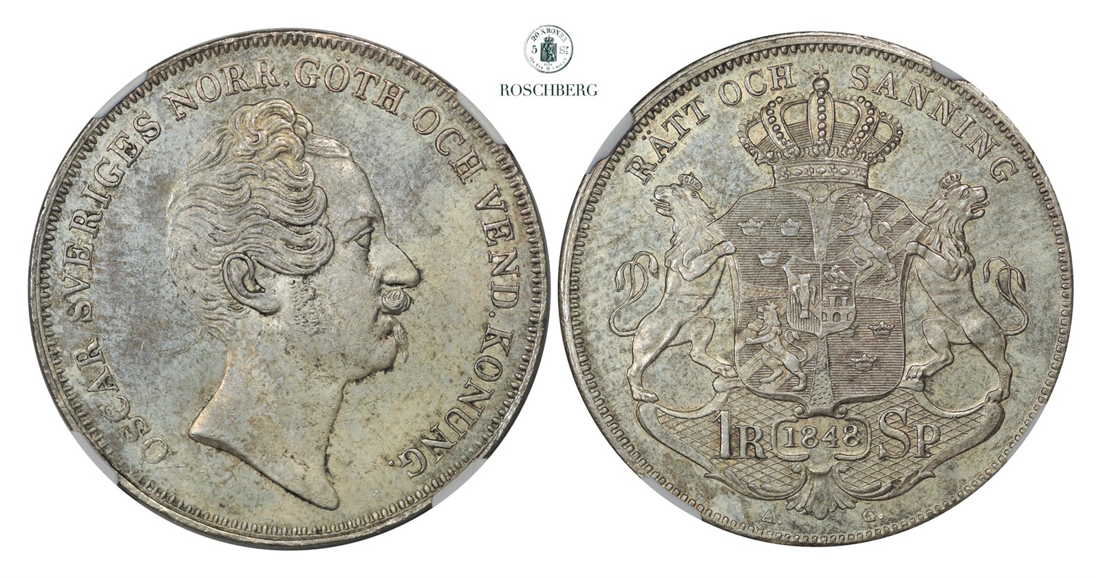 SWEDEN. 1 Riksdaler 1848-AG NGC MS63