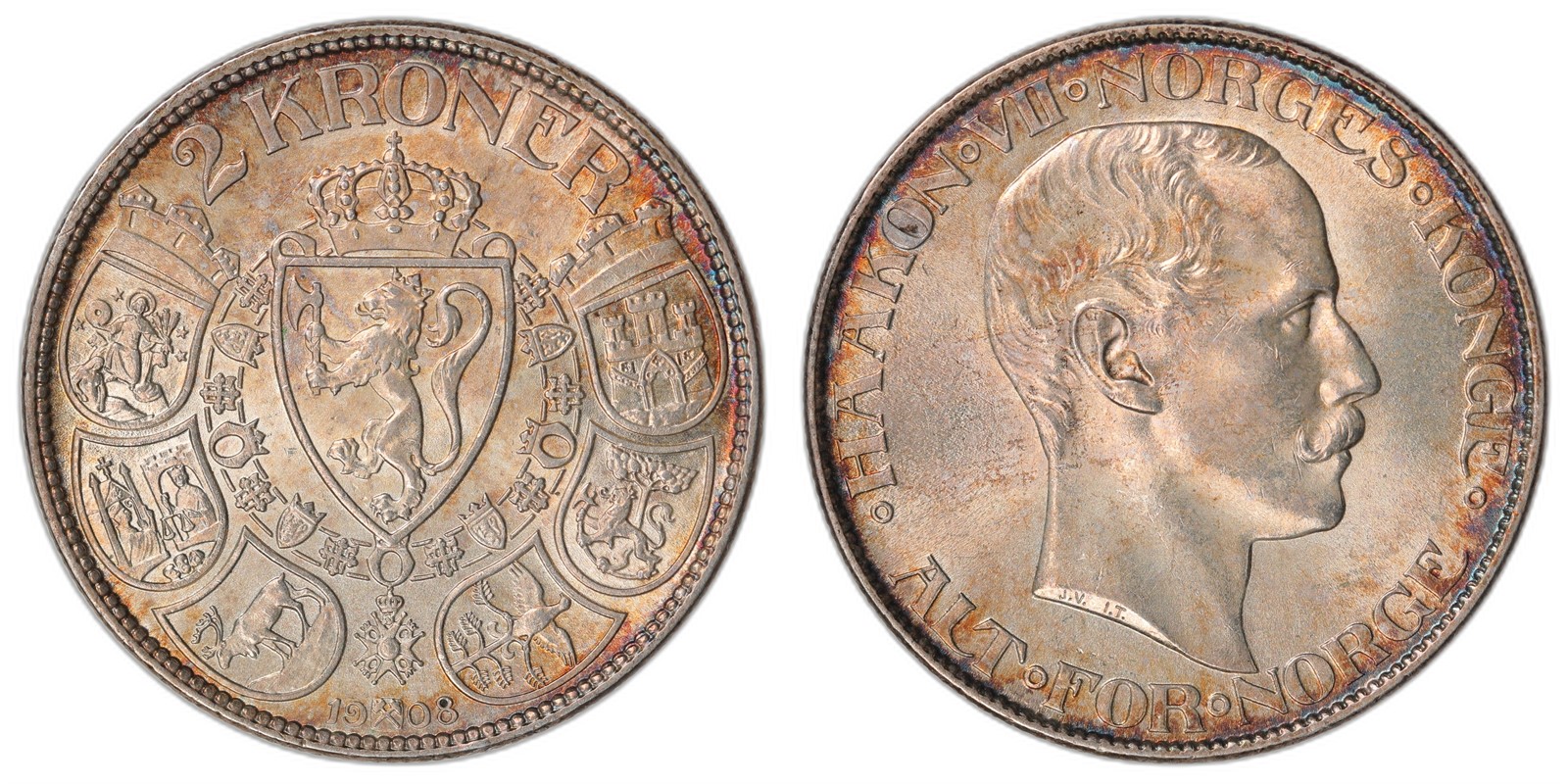 NORWAY. Haakon VII. 2 Kroner 1908. Kv 0 (UNC).