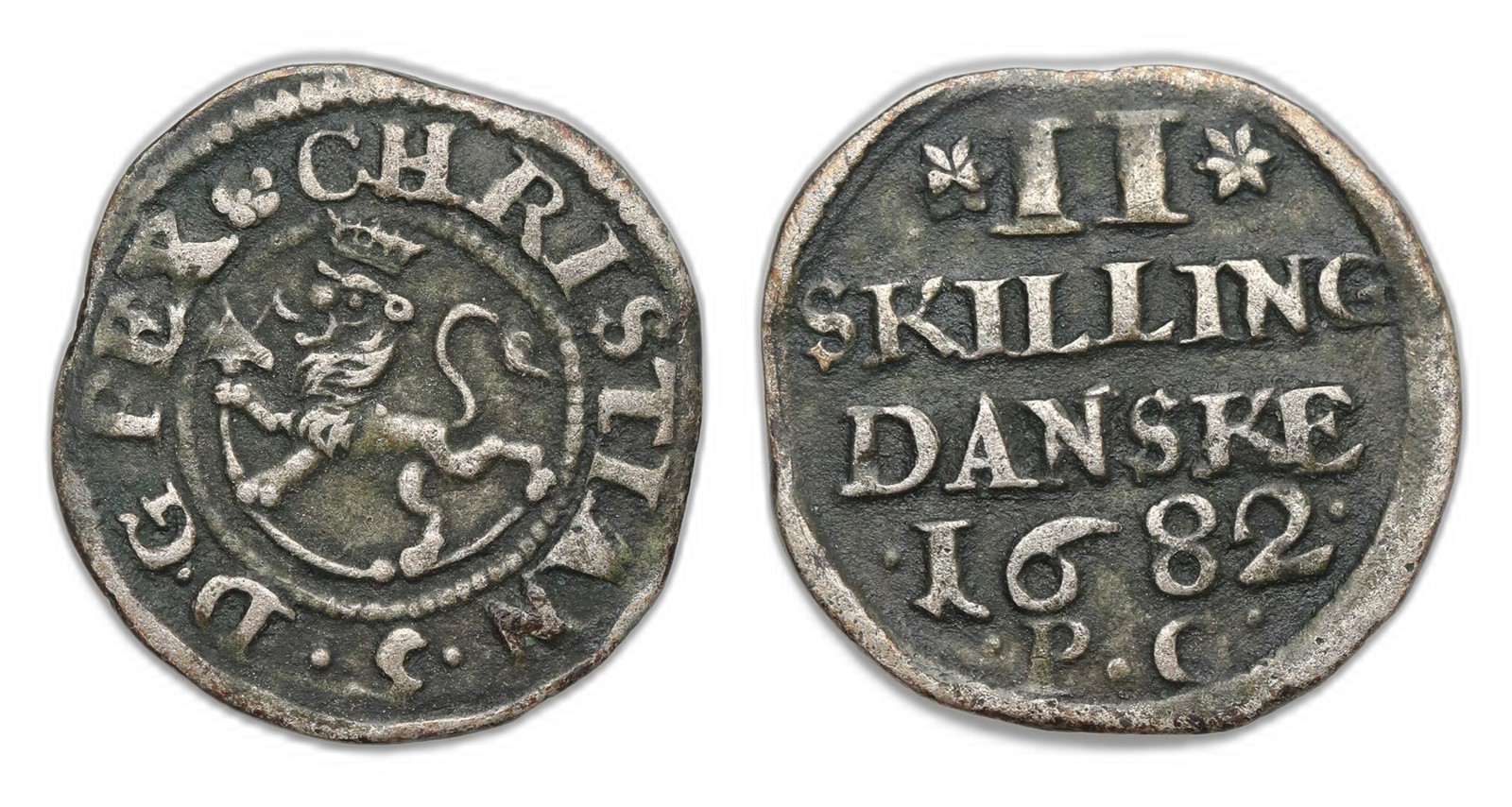 Norway. Christian V. 2 Skilling 1682-PG. Kv 1+.