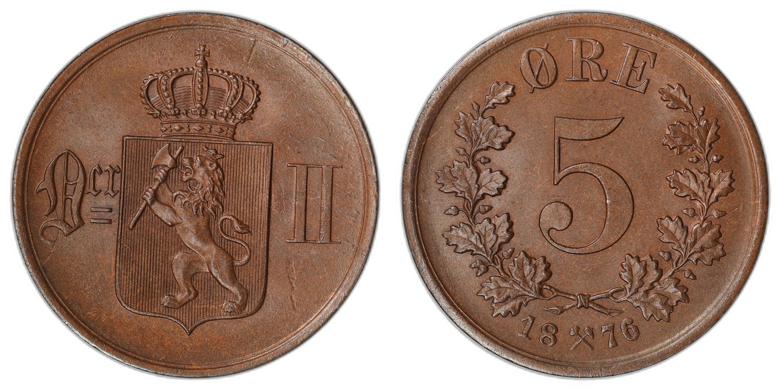 NORWAY. Oscar II. 5 Øre 1876. Kv 0 (UNC).