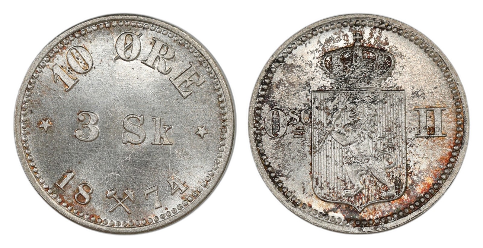 Norway. Oscar II. 10 Øre / 3 Sk 1874. Kv PRAKTEX.