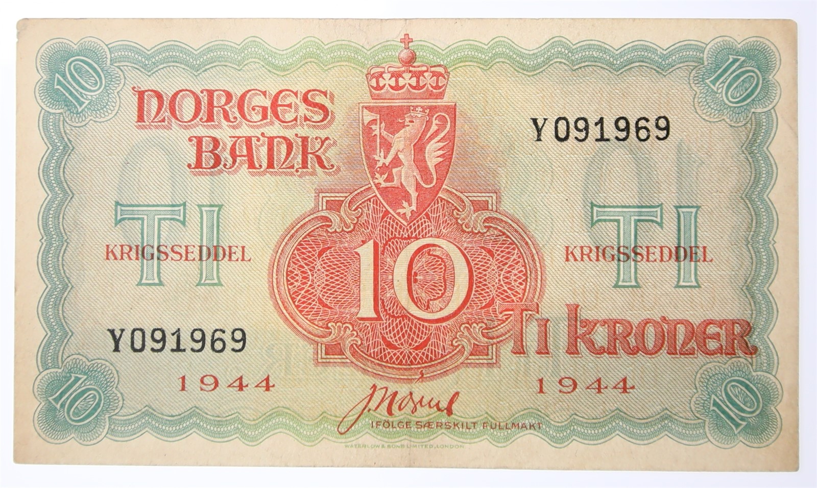 NORWAY. Type London. 10 Kroner 1944-Y. Kv 1+ (XF).