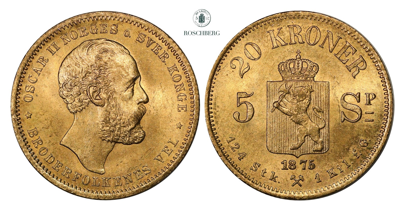 20 Kroner / 5 Sp. 1875 Kv 01 (UNC)