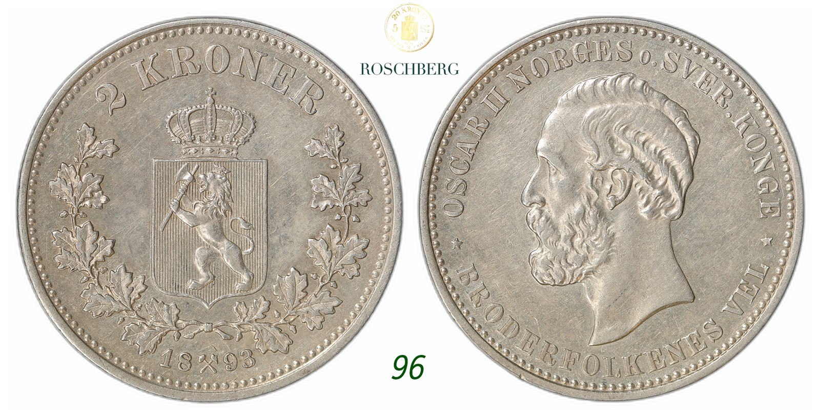 NORWAY. Oscar II. 2 Kroner 1894.