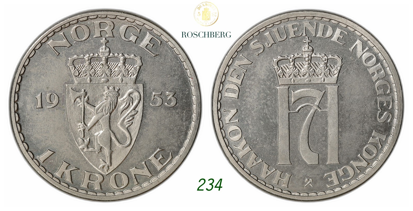 NORWAY. Haakon VII. 1 Krone 1953.