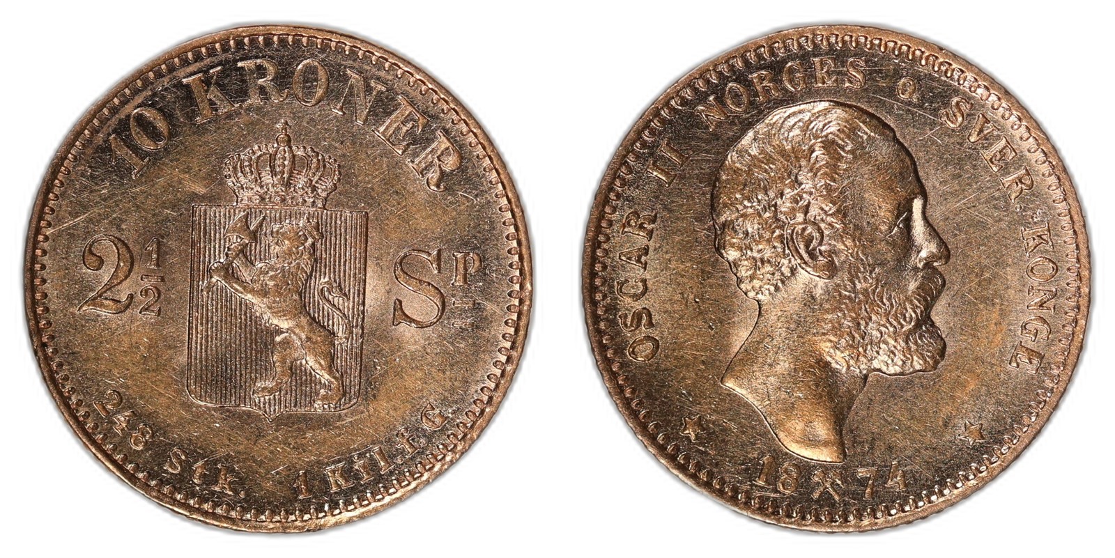 NORWAY. Oscar II. 10 Kroner / 2.5 Sp 1874. Kv 01 (UNC).