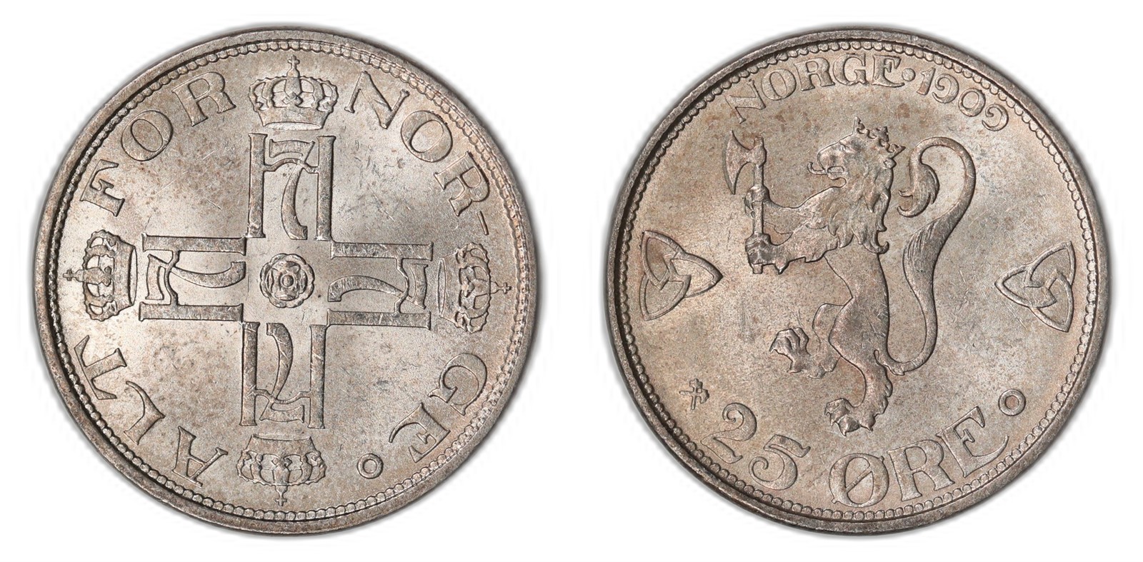 NORWAY. Haakon VII. 25 Øre. 1909. Kv 0/01 (UNC).