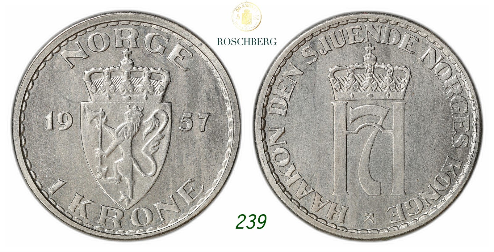 NORWAY. Haakon VII. 1 Krone 1957.