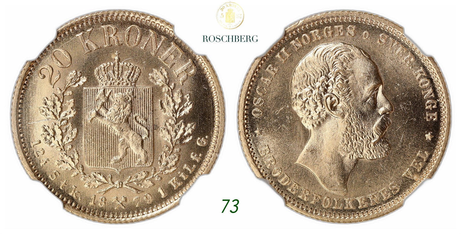 NORWAY. Oscar II. 20 Kroner Gold 1879.