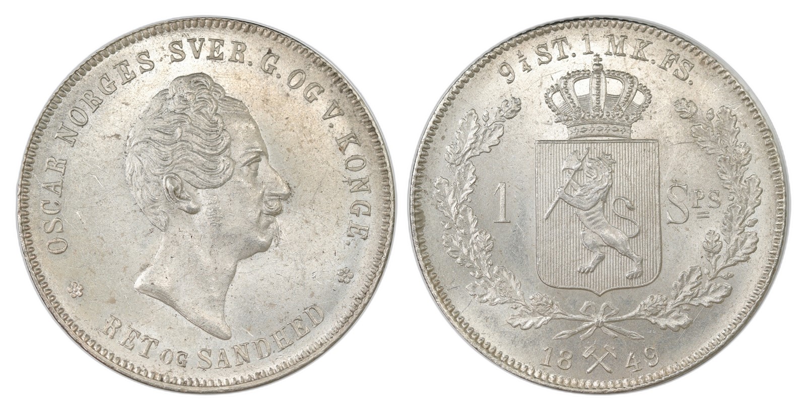 Norway. Oscar I. Speciedaler 1849. Kv 0/01.