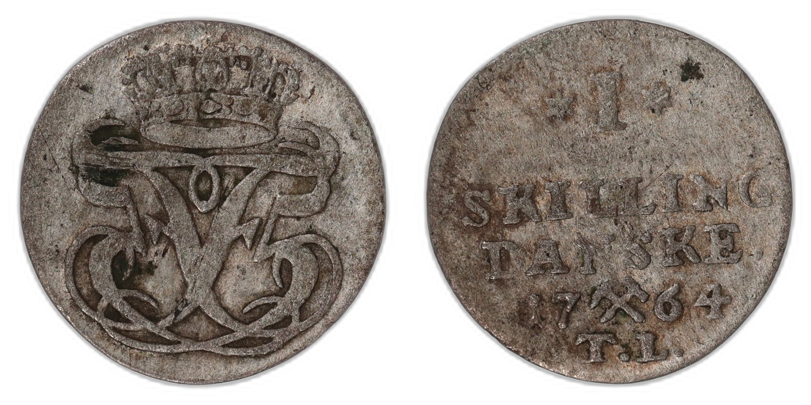 NORWAY. Frederik V. 1 Skilling. 1764. Kv 1 (VF).
