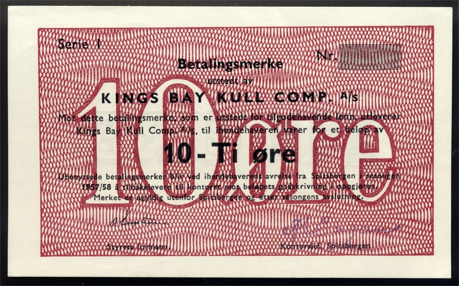 KINGS BAY. 10 Øre 1957/58 Blankett/remainder Kv g01 (AU)