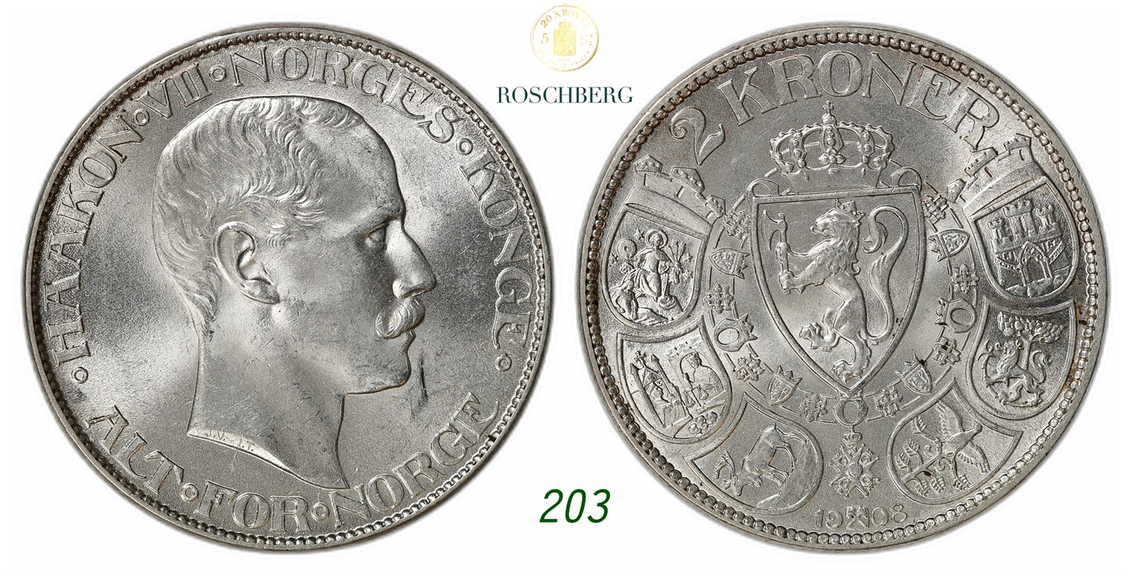 NORWAY. Haakon VII. 2 Kroner 1908.