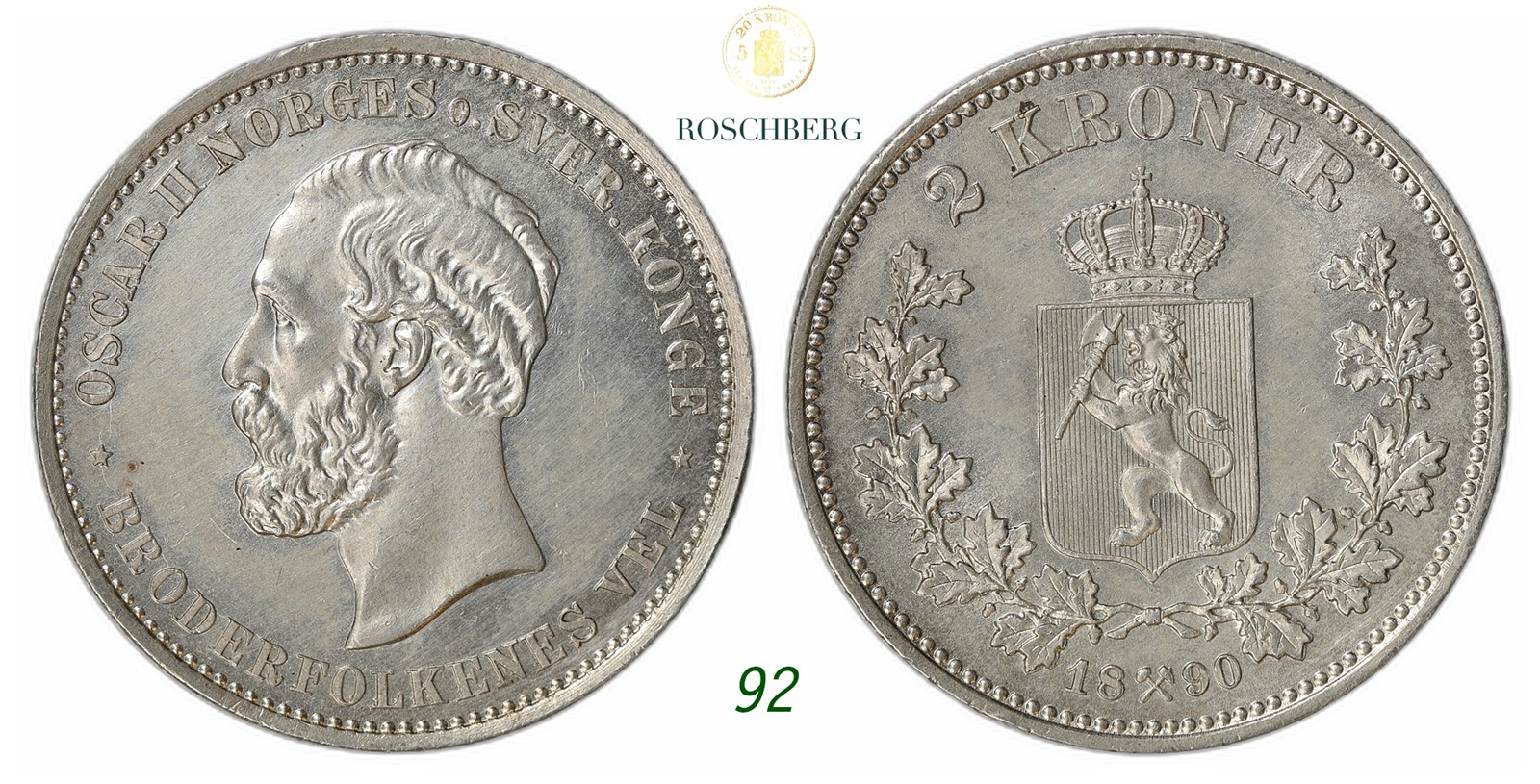 NORWAY. Oscar II. 2 Kroner 1890.