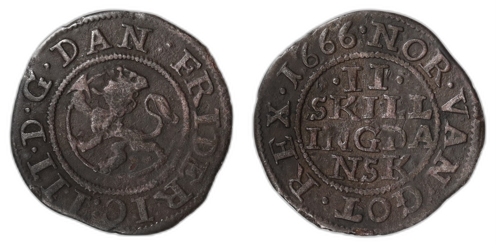 NORWAY. Frederik III. 2 Skilling. 1666. Kv 1 (VF).
