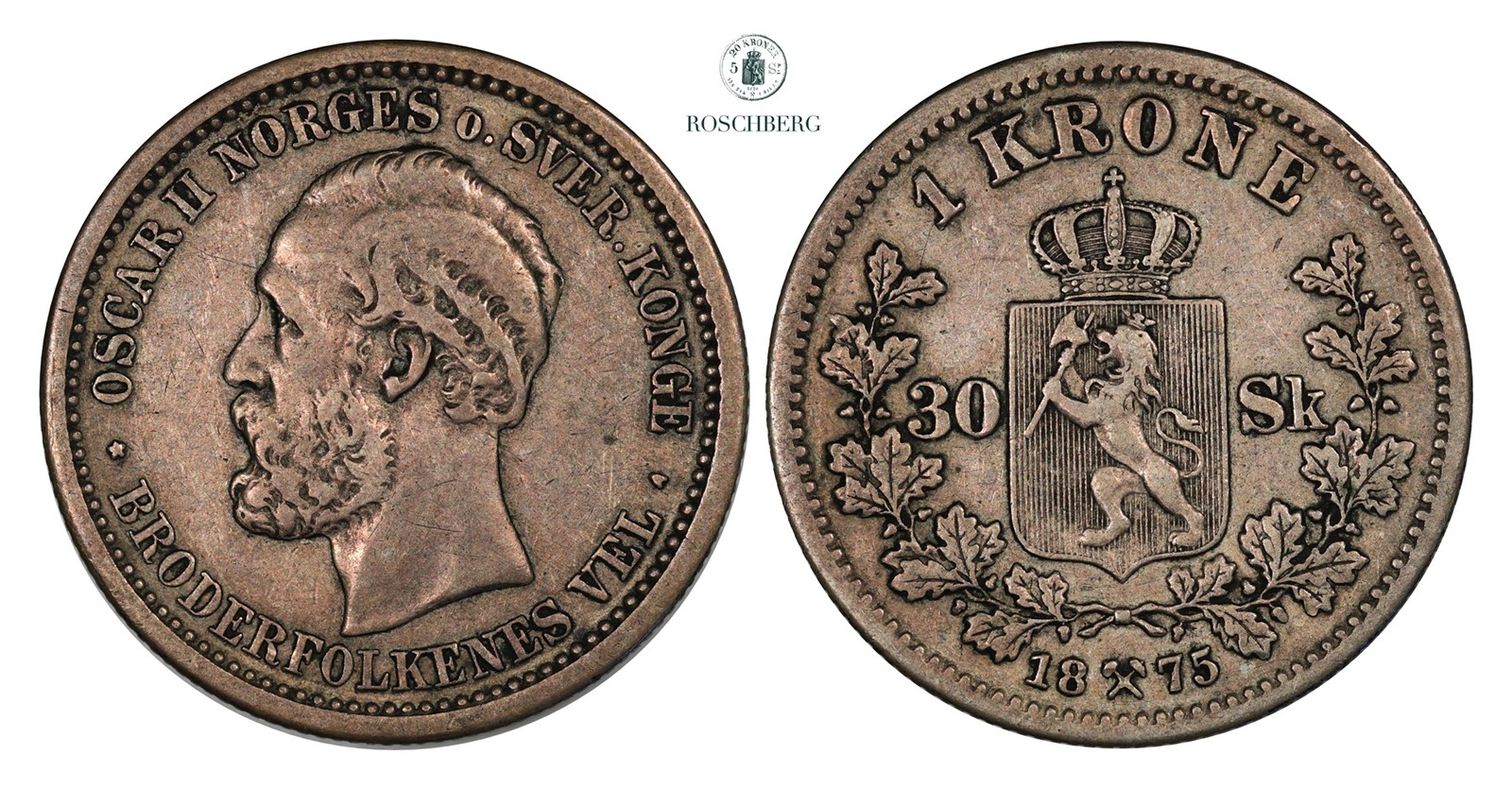 1 Krone / 30 Sk. 1875 Kv 1+ (VF)