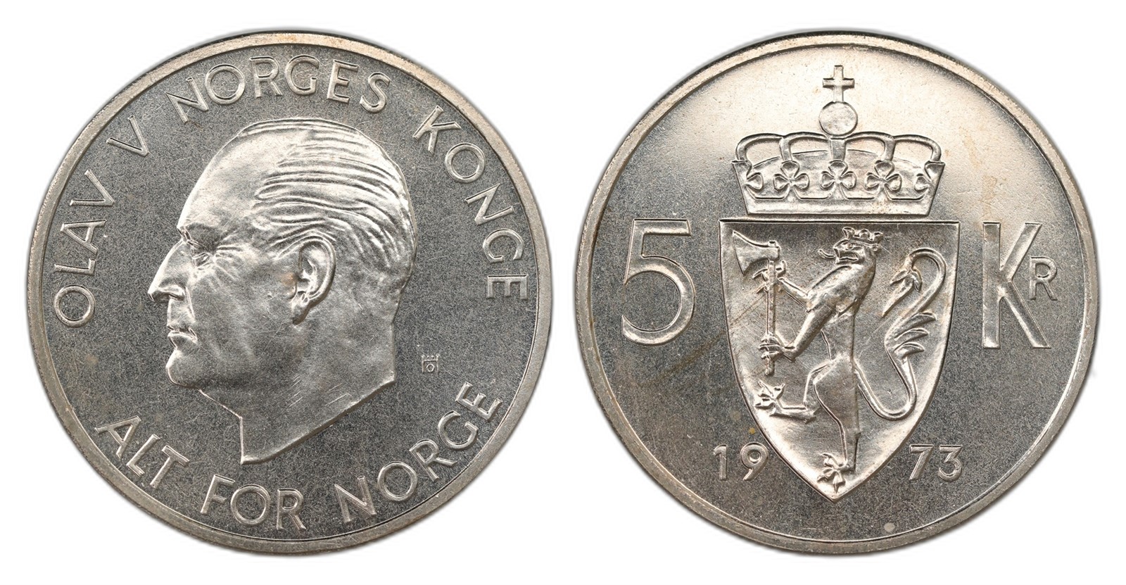 Norway. Olav V. 5 Kroner 1973. Kv PRAKTEX.