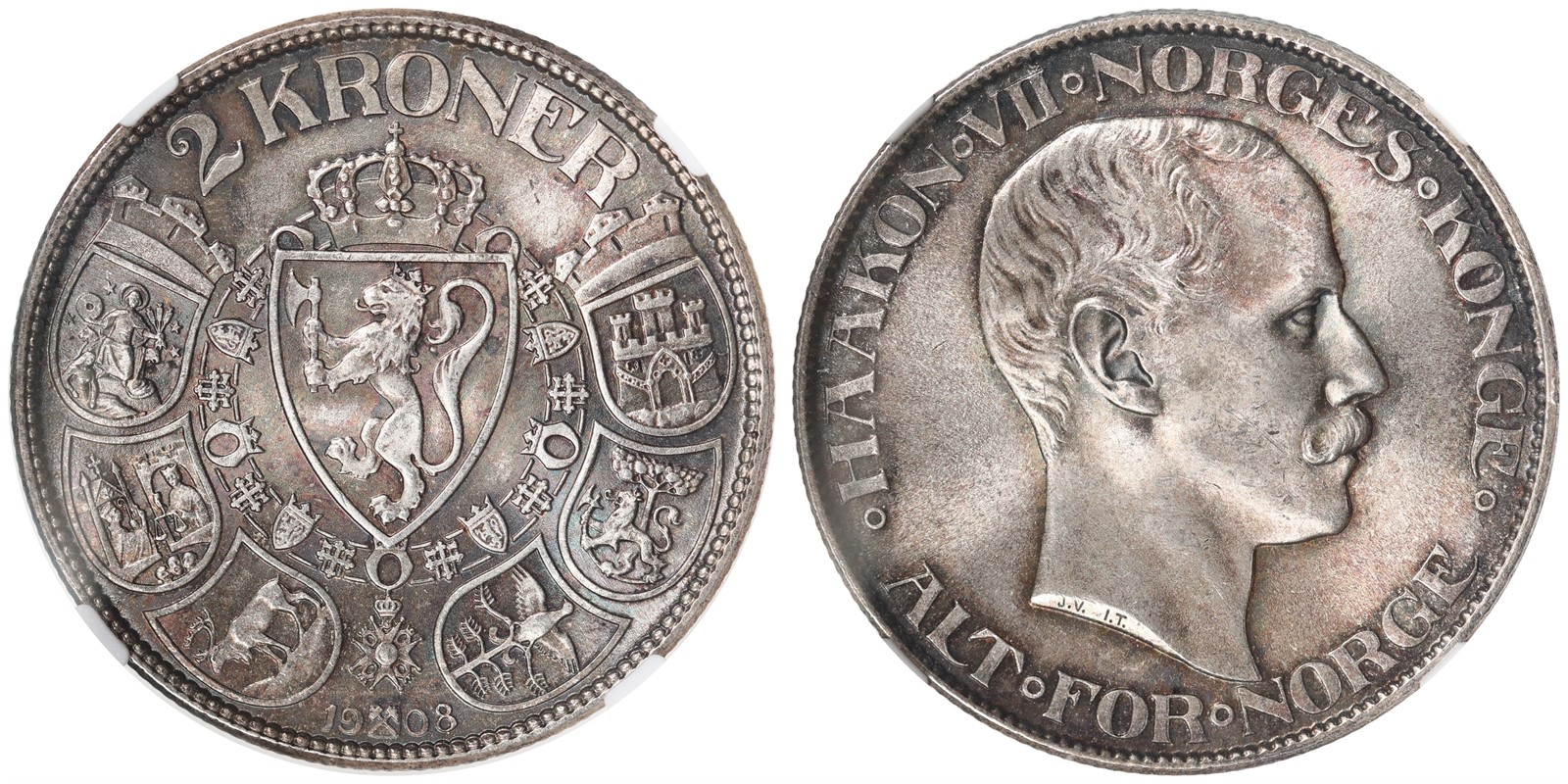 NORWAY. Haakon VII. 2 Kroner 1908. NGC MS64.