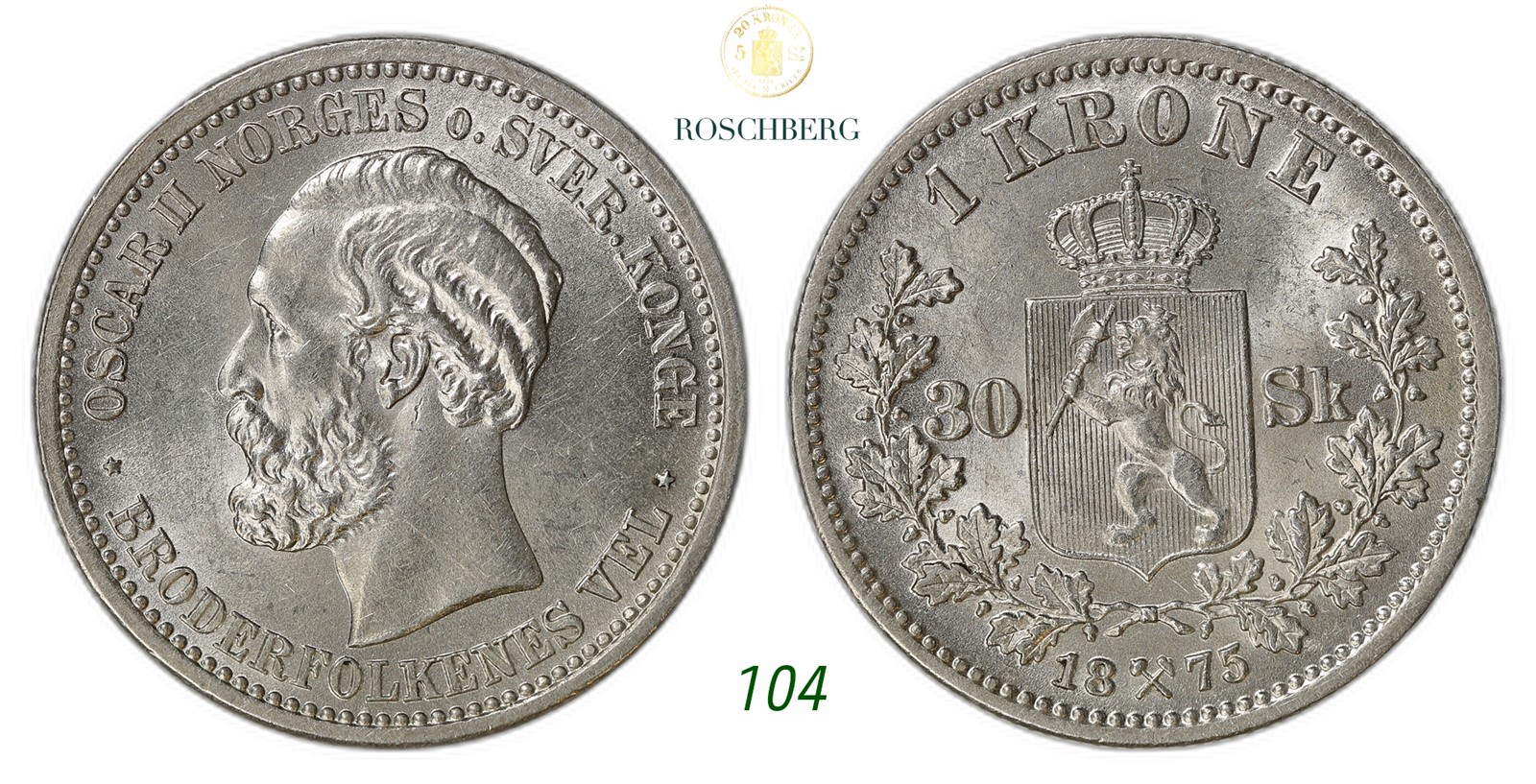 NORWAY. Oscar II. 1 Krone / 30 Sk. 1875.