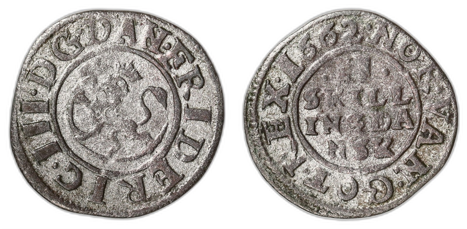 NORWAY. Frederik III. 2 Skilling. 1662. Kv 1 (VF).