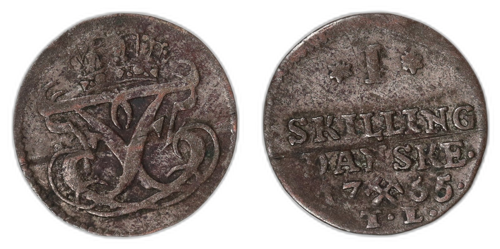 NORWAY. Frederik V. 1 Skilling. 1765. Kv 1 (VF).