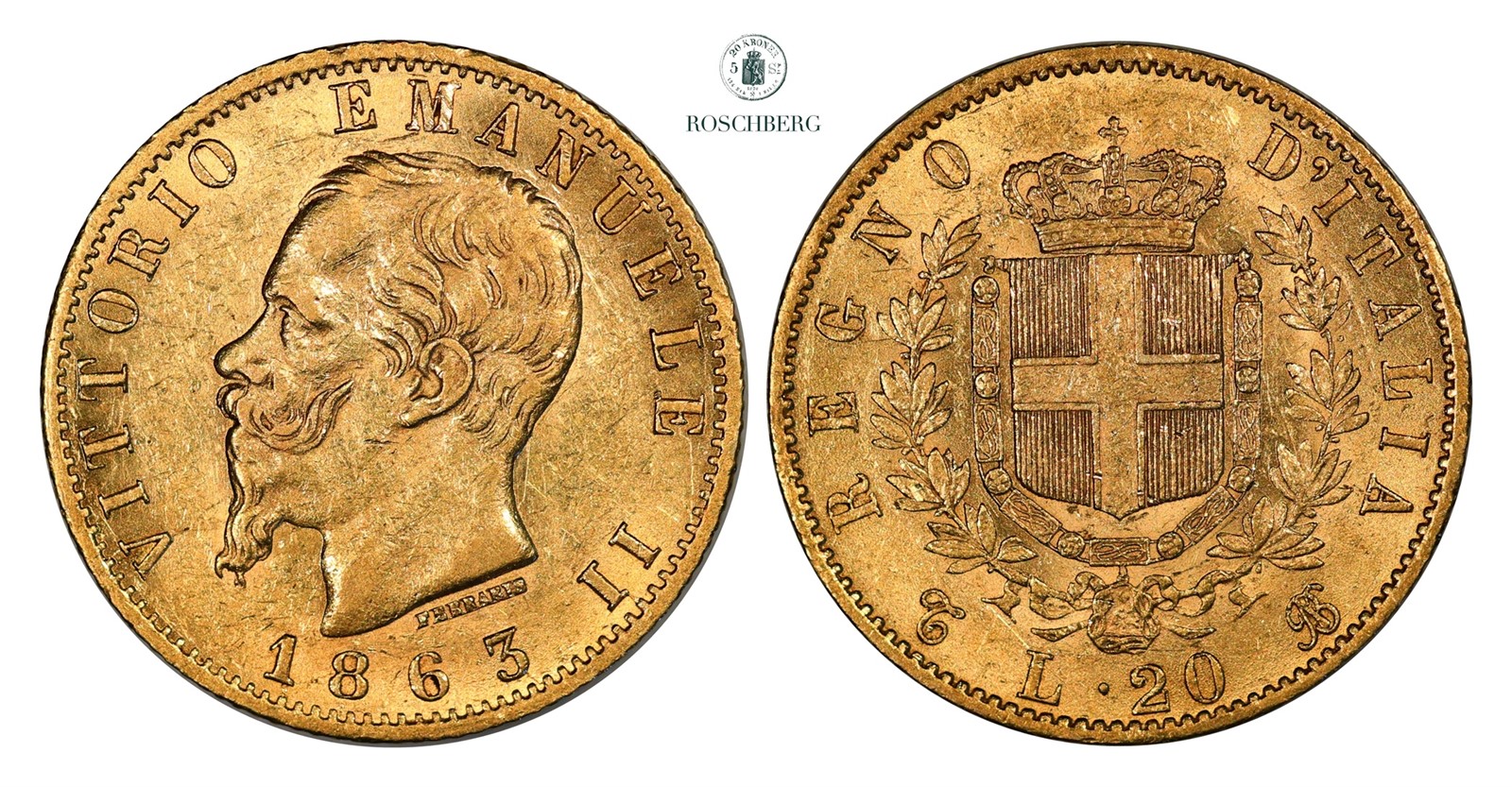 ITALY. 20 Lire 1863-T BN AU