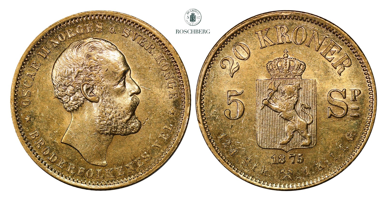 20 Kroner / 5 Sp. 1875 Kv 0/01 (UNC)