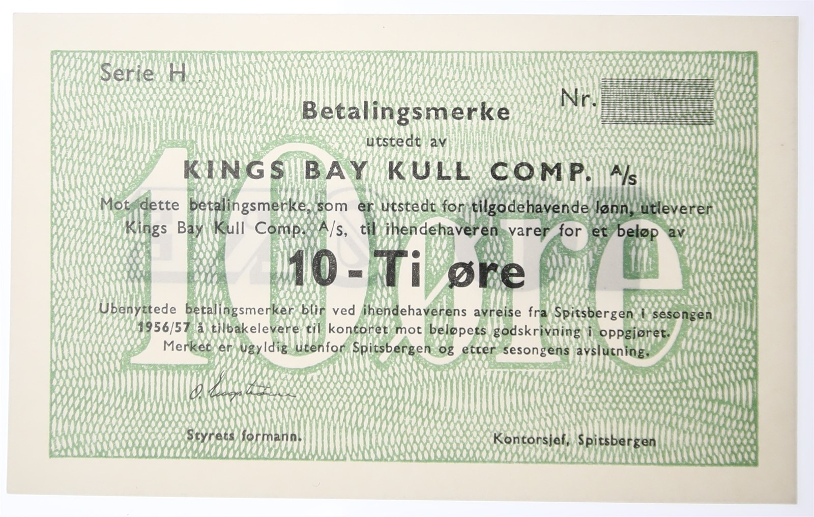 NORWAY, Kings Bay. Type . 10 Øre 1956/57-H. Kv 0 (UNC).