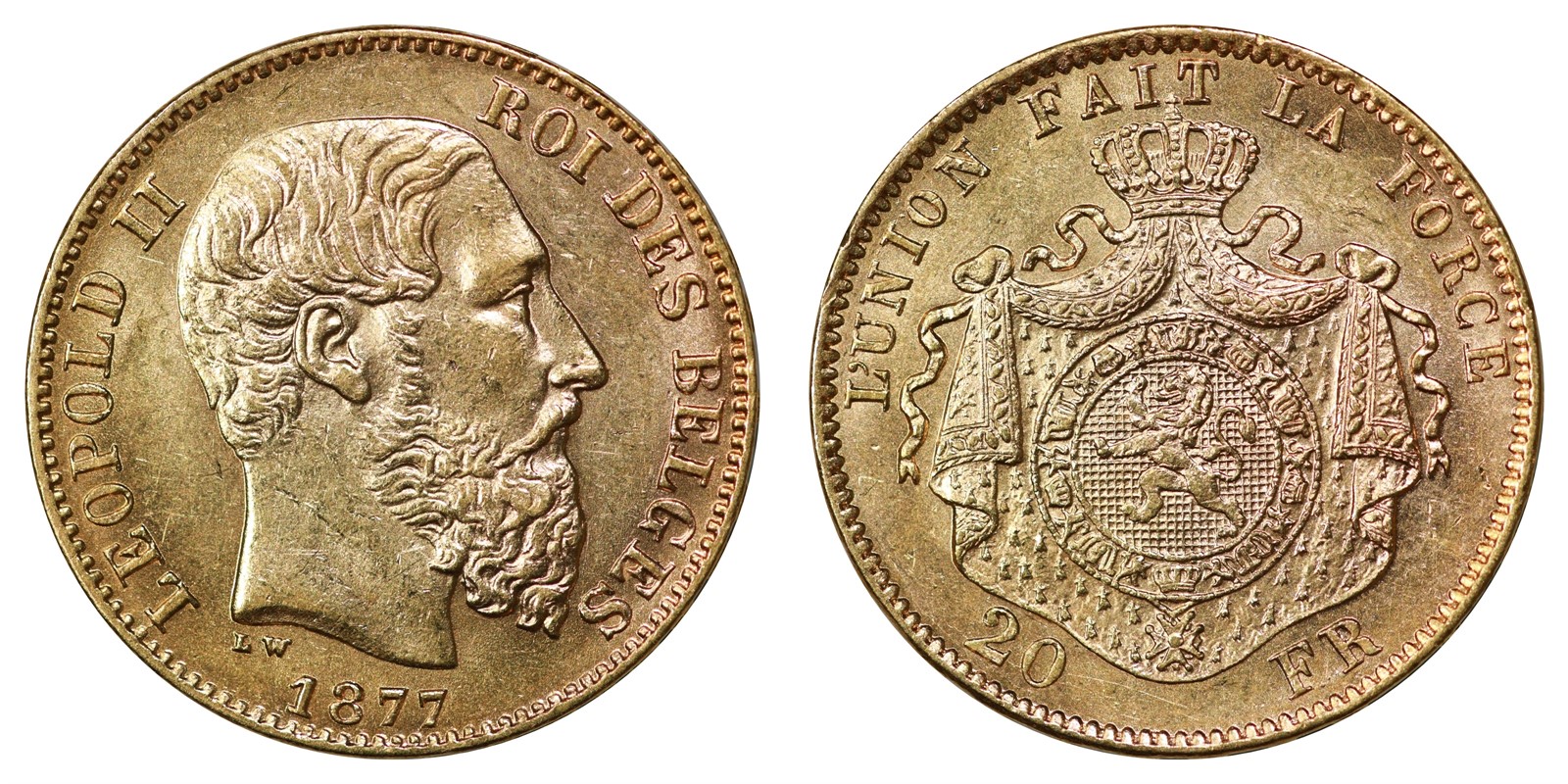 Belgium - Leopold II - 20 Francs 1877 - UNC *