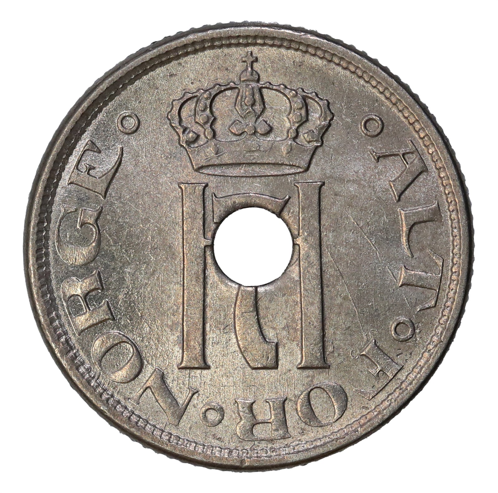 NORWAY. Haakon VII. 25 Øre 1923 Center Hole. Kv 0/01 (UNC)