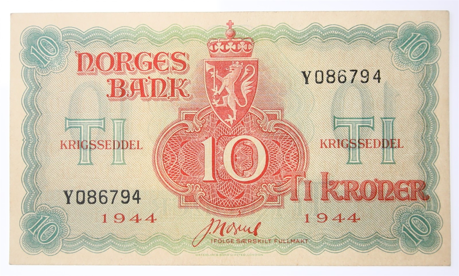 NORWAY. Type London. 10 Kroner 1944-Y. Kv 01 (AU).