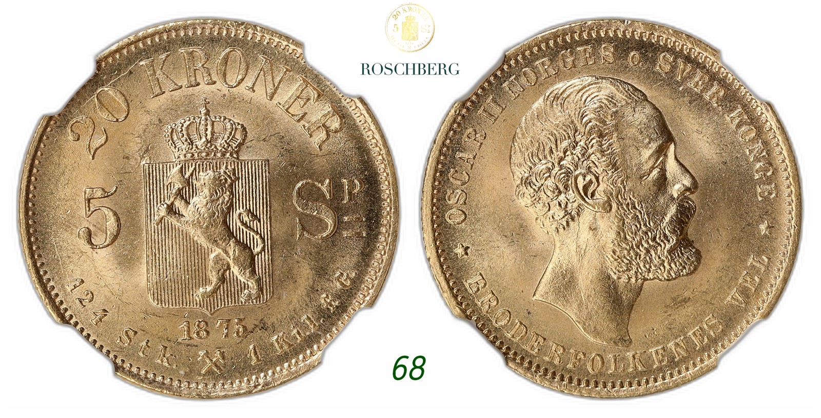 NORWAY. Oscar II. 20 Kroner / 5 Sp. Gold 1875.