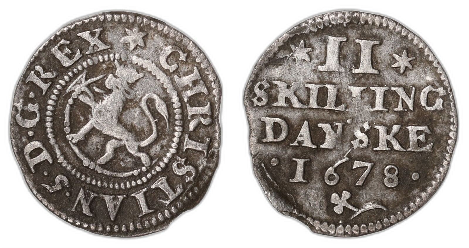 NORWAY. Christian V. 2 Skilling. 1678. Kv 1 (VF).