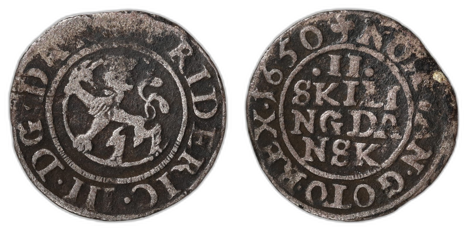 NORWAY. Frederik III. 2 Skilling. 1650. Kv 1 (VF).