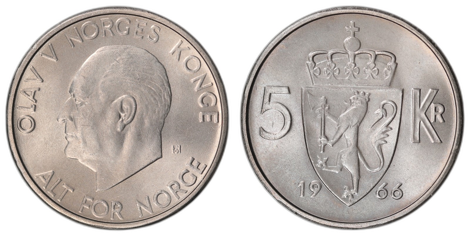 NORWAY. Olav V. 5 Kroner. 1966. Kv 0 (UNC).